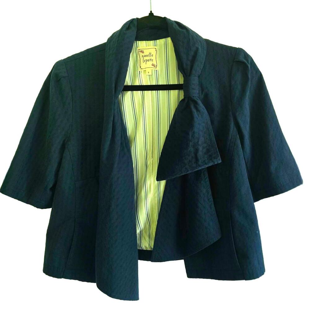 VINTAGE NANETTE LEPORE - Navy 3/4 Length Sleeve Cropped Jacket, Size 8